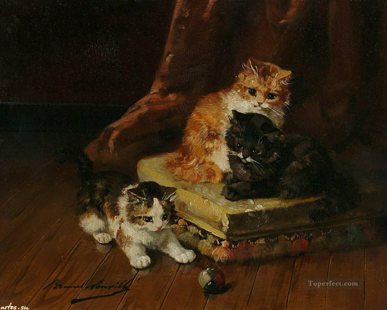 gatos y una pelota Alfred Brunel de Neuville Pintura al óleo
